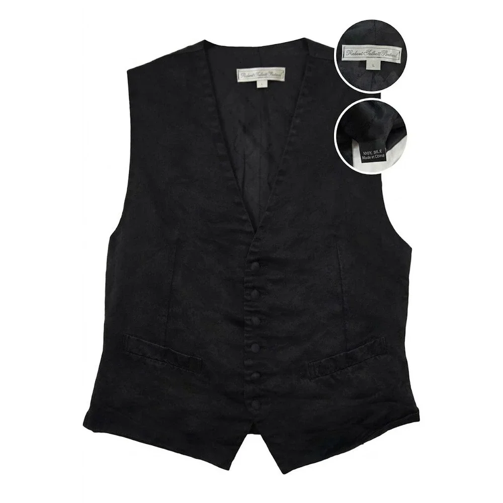 Robert Talbott Protocol Mens L Black Silk Tuxedo Vest Waistcoat Buckle Back